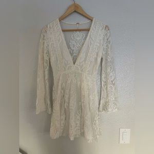 Free People Aurelia Lace Mini Dress in Ivory Long Sleeve Size 2